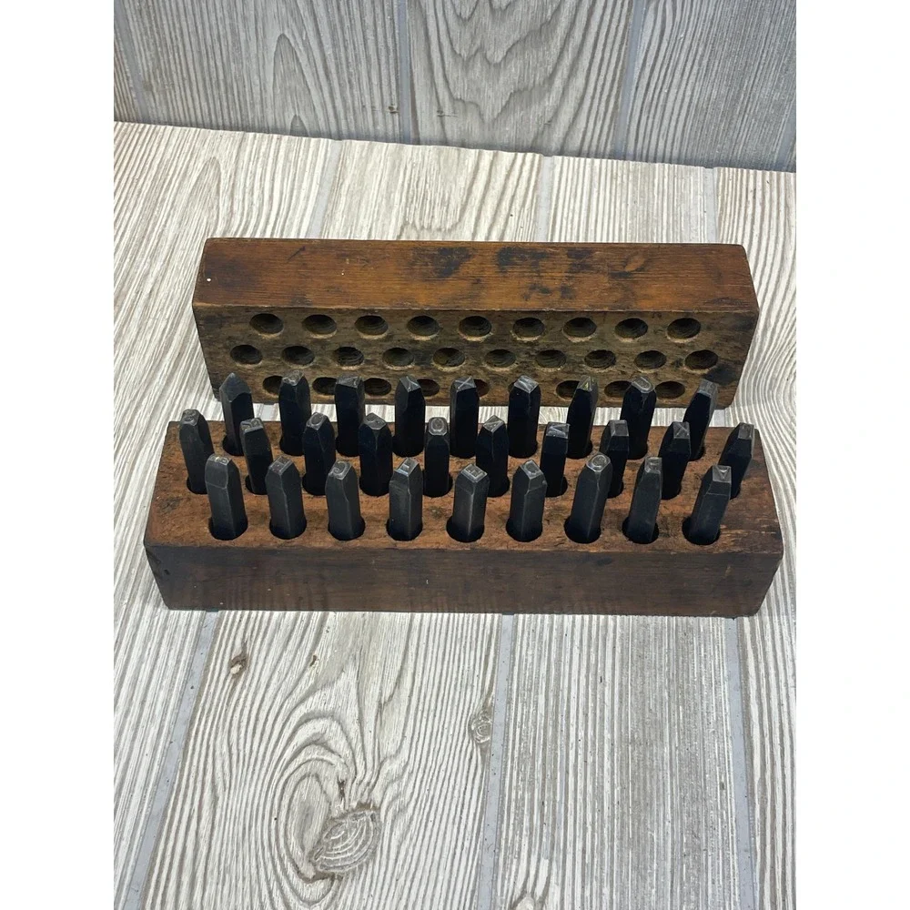 Vintage Industrial Metal Letter Stamp Set Alphabet A-Z with Wooden Storage Box